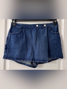 #z180 - Originality Lightly Distressed Medium Wash Indigo Blue Denim Wrap Skort